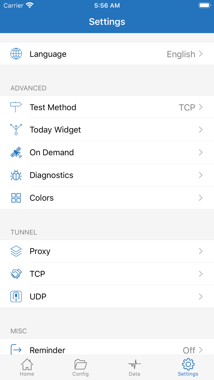 Shadowrocket 공식 Settings 화면 스크린샷: Language, Test Method, Today Widget, On Demand, Diagnostics, Proxy, TCP 및 UDP 표시